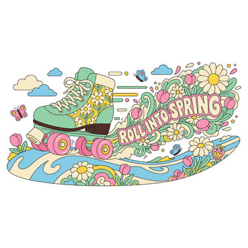 Retro Roller Skate with Blooming Flower Dust Trail and Spring Vibes