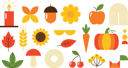 Set of flat autumn harvest vector icons featuring minimalist pumpkin acorn sunflower apple carrot mushroom and fall leaves in warm seasonal colors © Aminul