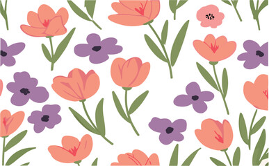 Cute tulip and wildflower seamless vector pattern, spring floral background, pastel botanical illustration for textile design