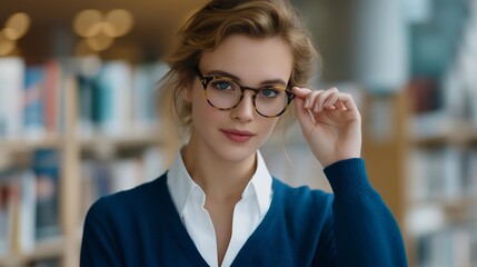 Librarian removing reading glasses to reveal laser vision superpower while organizing books in a quiet library, perfect for everyday hero concept, knowledge superpower, unsung hero, modern
