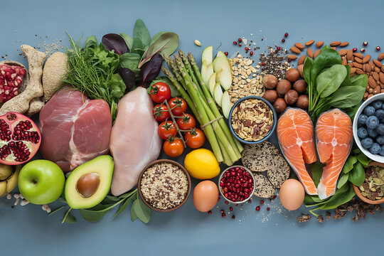 Raw ingredients for healthy eating on grey background