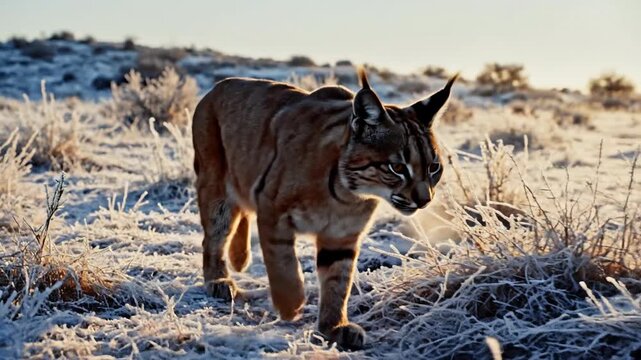 Wild caracal cat walking through frosty terrain at sunrise, hunting predator
