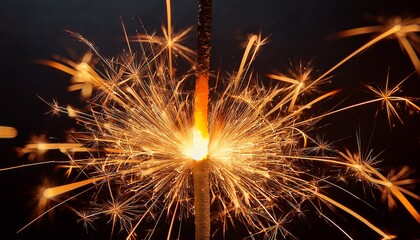 closeup of a sparkler burning with bright sparks against a black background emphasizing safety during celebrations