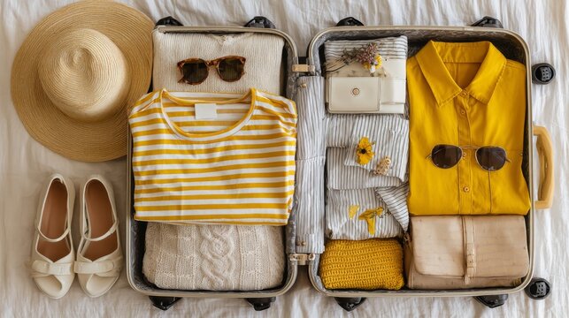Open suitcase packed with yellow summer outfits, accessories and travel essentials on bed
