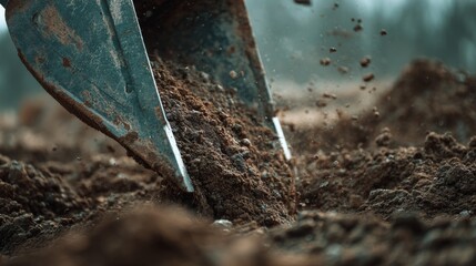 Fototapeta premium Shovel digging soil in garden ground with flying dirt and dramatic outdoor close up