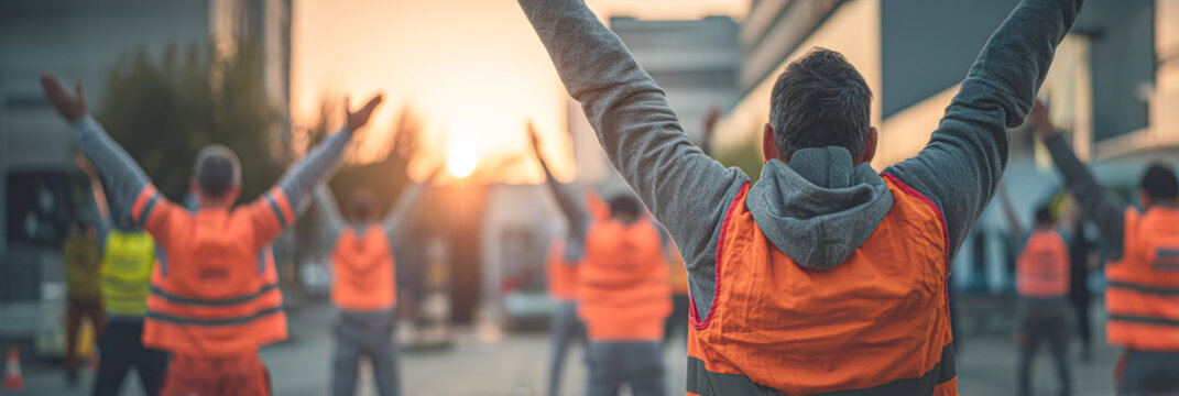 People wearing orange safety vests stretch their arms outdoors during a sunrise or sunset, possibly preparing for a workday or exercise session.