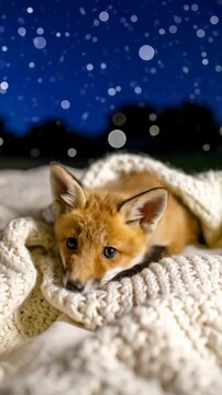 Adorable Baby Fox Cozy Under Blanket at Night with Stars.