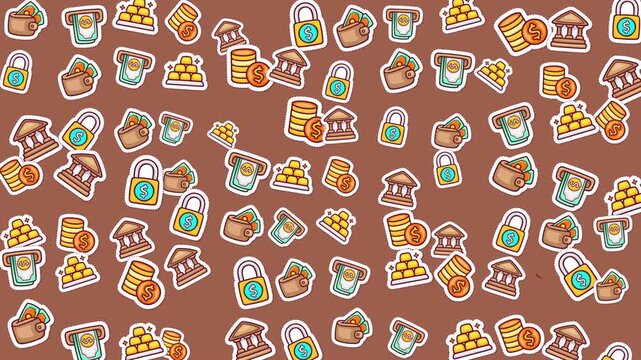 Arrangement of money lockboxes bank and wallet stickers on brown. Suitable for finance, banking, budget, savings, money management concepts.