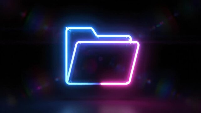 Neon folder icon animation with glowing blue and pink lights on a dark background showcasing digital storage and data management