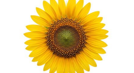 Fototapeta premium A beautiful sunflower with bright yellow petals and green center against a white background