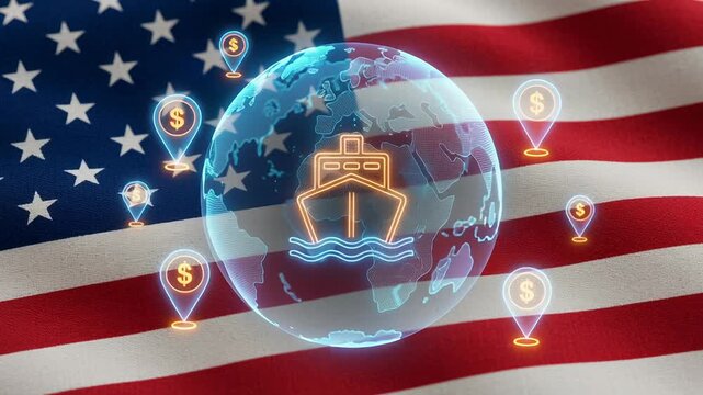 Digital global trade policy negotiation impacts import tariff regulation with ship icon and dollar signs with flag background, shipping and global economic exchange