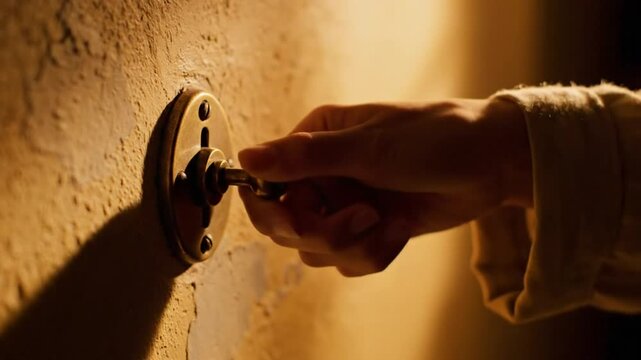 Close-up shot of hand switching on a vintage wall light with a toggle switch indoors in dim light