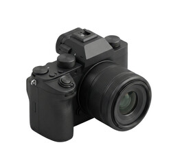Black mirrorless camera with lens attached isolated. Professional photography device mockup.