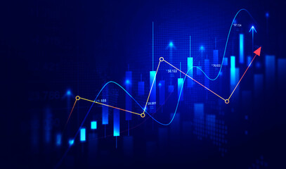 Business financial chart with moving up arrow graph.Financial data charts with glowing stock market graphs.Stock market investment data and analysis finance graph.	
