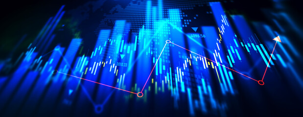 Business financial chart with moving up arrow graph.Financial data charts with glowing stock market graphs.Stock market investment data and analysis finance graph.
