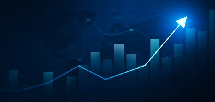Business financial chart with moving up arrow graph.Financial data charts with glowing stock market graphs.Stock market investment data and analysis finance graph.	
