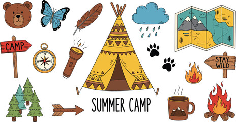 Summer Camp Adventure Elements Vector Illustration with Teepee Tent, Campfire, Forest, Map, Compass and Outdoor Exploration Icons Set © MstRozinaAkter