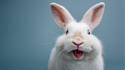 Fototapeta premium A close-up portrait of a white rabbit with its mouth open, set against a blue background.