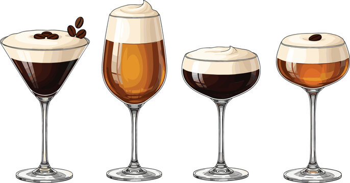 Coffee Cocktail Drinks Collection Vector Illustration with Espresso Martini, Irish Coffee and Cream Topped Beverages in Elegant Glasses