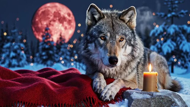 Wolf rests near candle in winter forest under red moon. Wild wolf with blanket and candle in snow. Animal rests by flame under winter moon. Wolf in snowy forest with red moon and candle light.