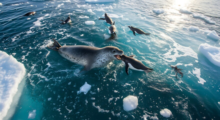 Obraz premium A group of seals swimming and playing in the icy blue waters of the Arctic Ocean, surrounded by floating icebergs.