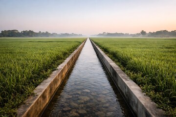 Obraz premium Peaceful Morning in a Lush Green Paddy Field with a Concrete Irrigation Canal - Scenic Rural Agricultural Landscape at Dawn with Symmetrical Perspective