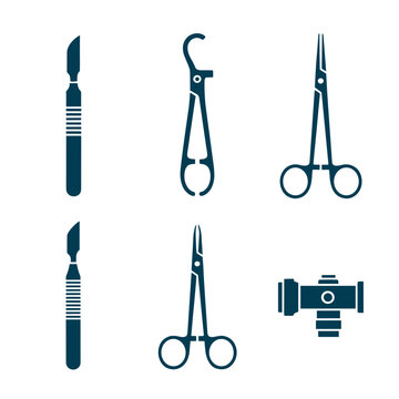 Professional surgical instruments and medical operating tools icons set featuring scalpel forceps scissors and clamps in dark blue silhouette