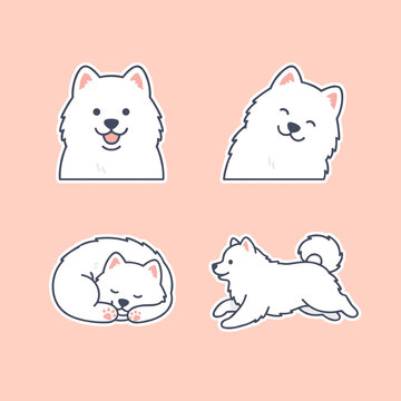 Cute white samoyed dog character stickers in various poses including sitting smiling sleeping and running funny domestic pet animal vector