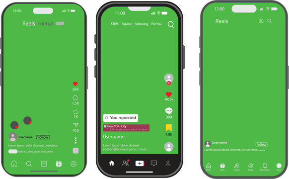 Instagram TikTok Facebook 2026 reels post story engagement elements with comment share buttons. Tik Tok Facebook Instagram reels mockups with smartphones. mobile app UI design
