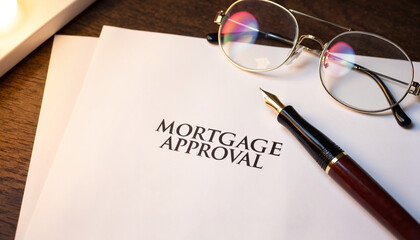 Mortgage approval document with pen and glasses on wooden desk  