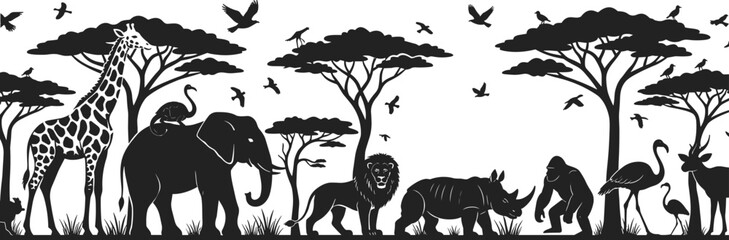 Black-and-white savanna silhouette scene with giraffe, elephant, lion, rhinoceros, gorilla, flamingo, antelope, tortoise, birds, and acacia trees