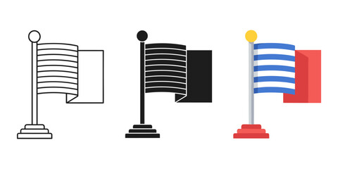 Three flags on poles with different designs and colors standing upright © sakibahmed