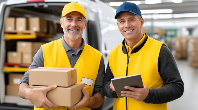 Logistics or delivery workers ,wearing uniforms yellow , at a distribution center,shipping and logistics industry,courier.