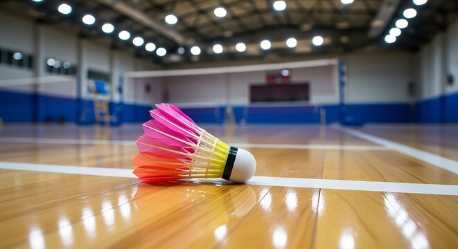 A colorful badminton shuttlecock rests on a polished wooden court in a well-lit indoor gymnasium