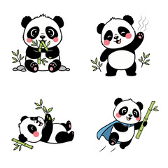 Cute Baby Panda Character Set Eating Bamboo and Waving © SUMON