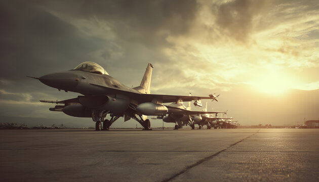 A group of fighter jets sitting on top of a tarmac. Can be used to depict military aircraft, air force, aviation, or defense.