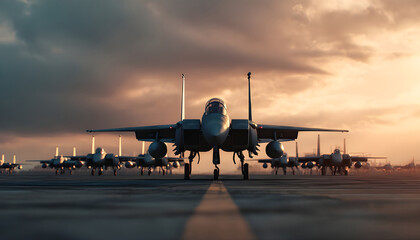 A group of fighter jets sitting on top of a tarmac. Can be used to depict military aircraft, air force, aviation, or defense.