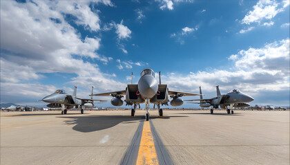 A group of fighter jets sitting on top of a tarmac. Can be used to depict military aircraft, air force, aviation, or defense.