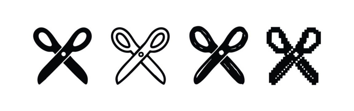 Closed scissors icon set with solid, outline, textured, and pixel art designs, representing cutting and design elements.