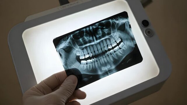 Dentist examining dental X-ray on lightbox in clinic  