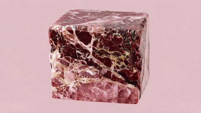 Discover the beauty of a red stone cube showing different textures and colors in a close-up view, highlighting its natural patterns and structure