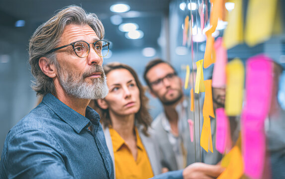 A thoughtful team collaborates, analyzing colorful sticky notes on a glass wall in a modern office setting.