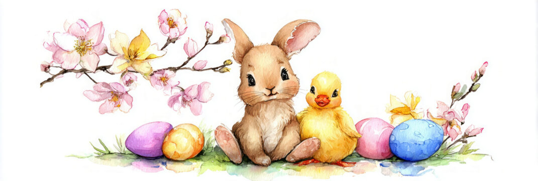 A cute bunny and a tiny duckling are sitting next to each other in a spring garden. They are surrounded by daffodils, mimosa branches, and colorful eggs. It is Easter time