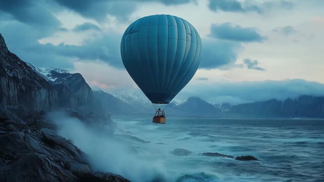 Hot air balloon floats above rocky shore and ocean with mountains in the background during twilight hours