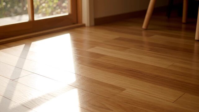 Sunlight reflects on a clean parquet floor inside a modern home