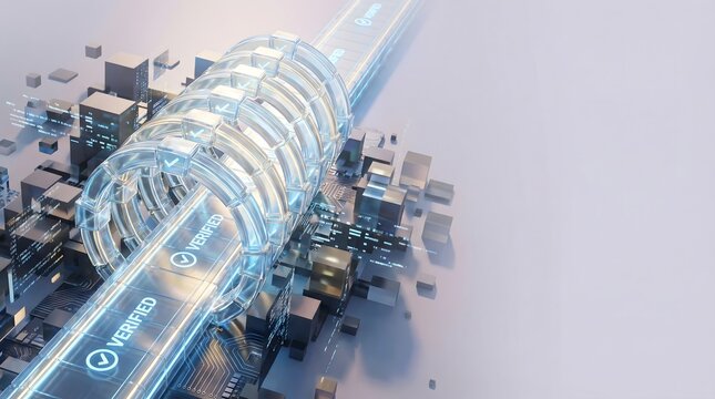 Digital verification process tunnel with glowing checkmarks and secure data pipeline 3D render