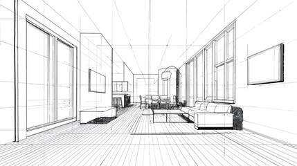 Hand-drawn architectural perspective sketch of a modern open-plan living room and dining area interior design concept