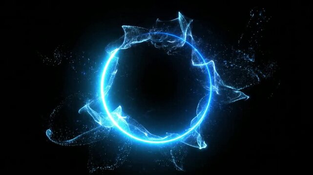 Energetic Blue Neon Circle Forming with Glowing Particles - Abstract Energy Background