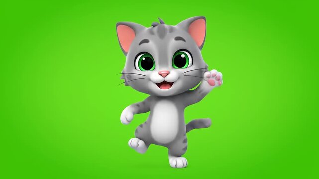Cute tabby kitten waving hello on a vibrant green background, rendered in a charming cartoon style, cheerful and inviting expression.