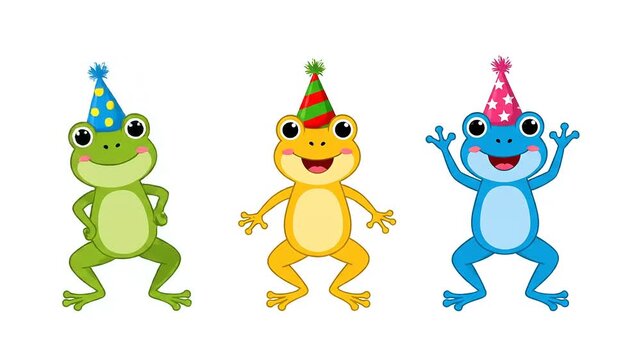 Frogs celebrating birthday wearing party hats in cartoon style on white background, joyful, colorful, party, celebration, birthday, surprise